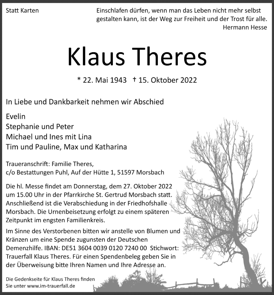  Traueranzeige für Klaus Theres vom 21.10.2022 aus  Lokalanzeiger 