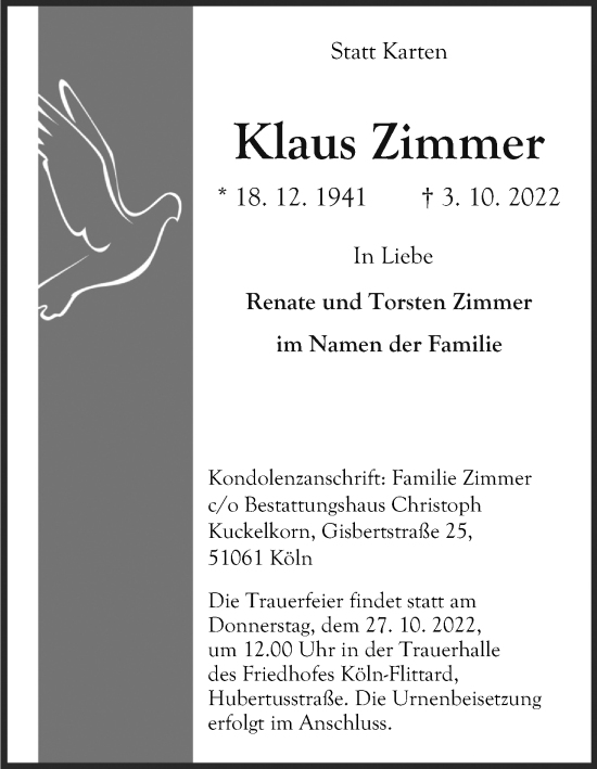 Anzeige von Klaus Zimmer von Kölner Stadt-Anzeiger / Kölnische Rundschau / Express