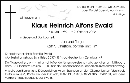 Anzeige von Klaus Heinrich Alfons Ewald von Kölner Stadt-Anzeiger / Kölnische Rundschau / Express