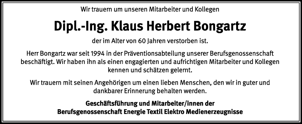  Traueranzeige für Klaus Herbert Bongartz vom 15.10.2022 aus Kölner Stadt-Anzeiger / Kölnische Rundschau / Express