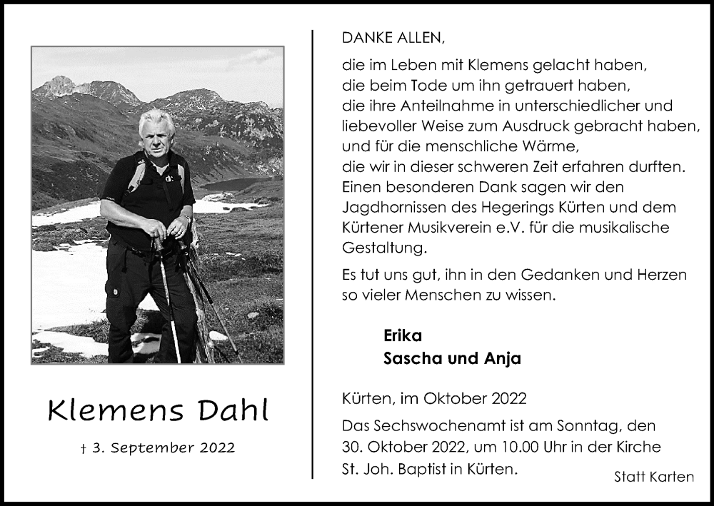  Traueranzeige für Klemens Dahl vom 15.10.2022 aus Kölner Stadt-Anzeiger / Kölnische Rundschau / Express