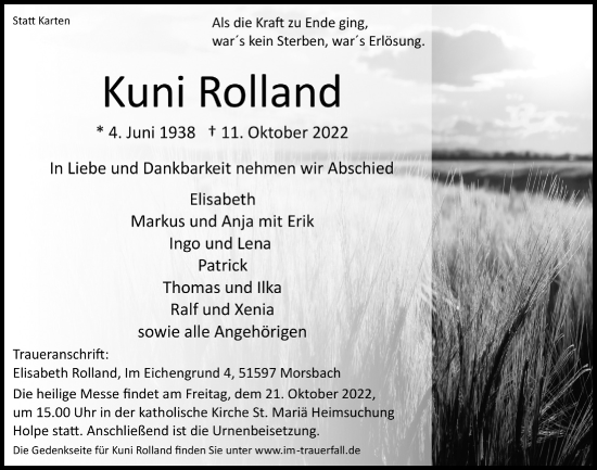 Anzeige von Kuni Rolland von  Lokalanzeiger 