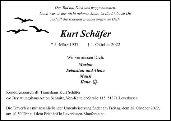 Anzeige von Kurt Schäfer von Kölner Stadt-Anzeiger / Kölnische Rundschau / Express