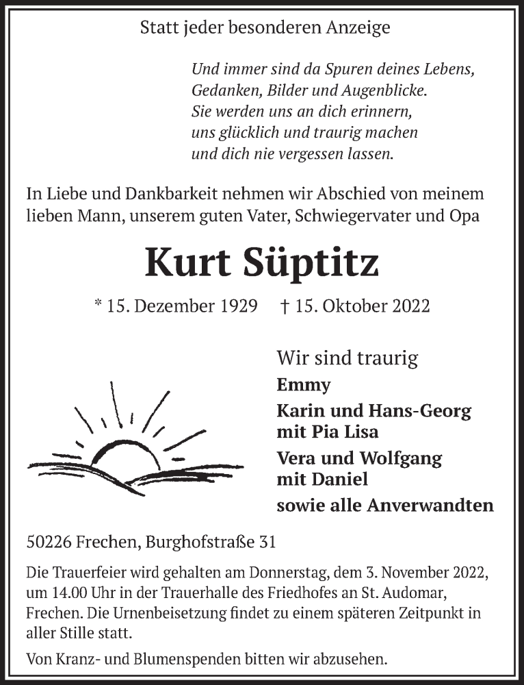 Traueranzeige für Kurt Süptitz vom 21.10.2022 aus  Wochenende 