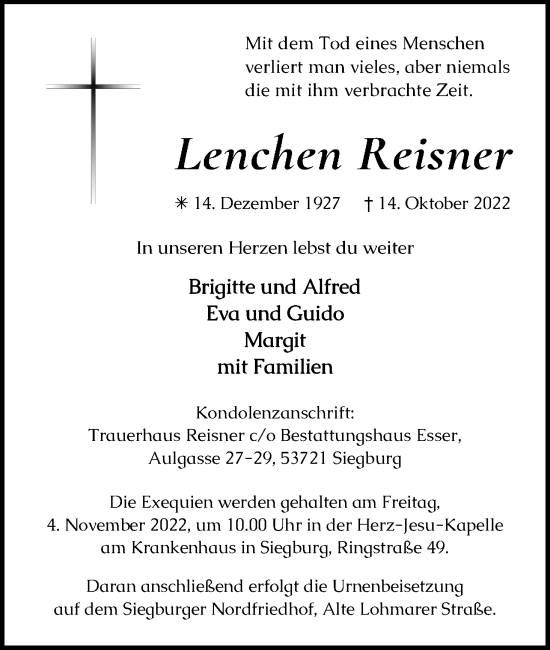 Anzeige von Lenchen Reisner von Kölner Stadt-Anzeiger / Kölnische Rundschau / Express