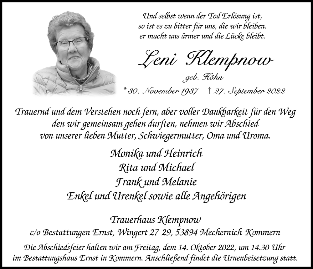  Traueranzeige für Leni Klempnow vom 08.10.2022 aus  Blickpunkt Euskirchen 