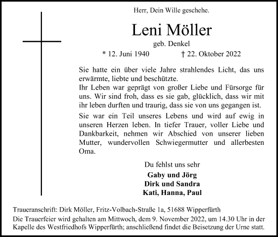 Anzeige von Leni Möller von Kölner Stadt-Anzeiger / Kölnische Rundschau / Express