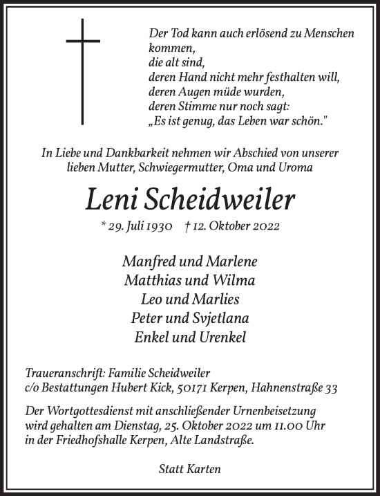 Anzeige von Leni Scheidweiler von  Werbepost 