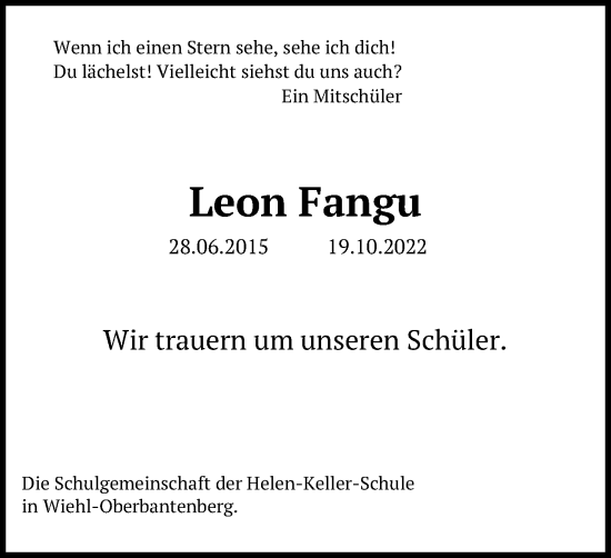 Anzeige von Leon Fangu von Kölner Stadt-Anzeiger / Kölnische Rundschau / Express