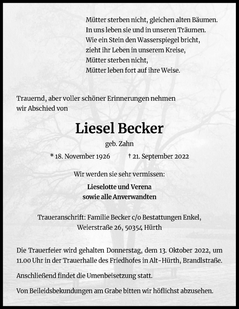  Traueranzeige für Liesel Becker vom 01.10.2022 aus Kölner Stadt-Anzeiger / Kölnische Rundschau / Express