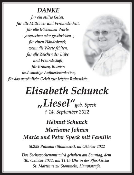 Anzeige von Liesel Schnuck von  Wochenende 
