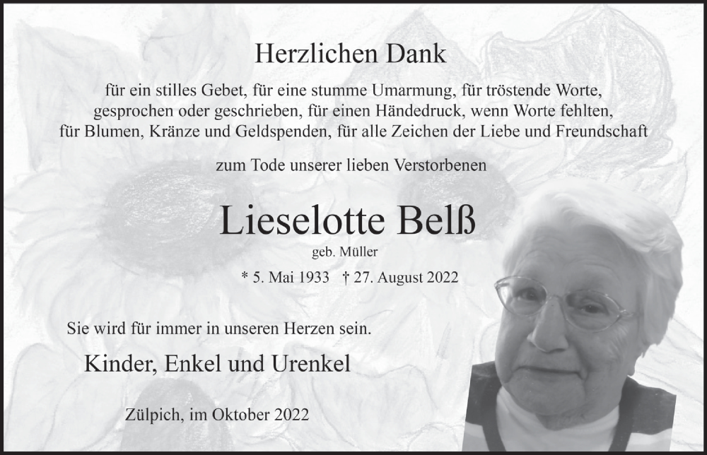  Traueranzeige für Lieselotte Belß vom 15.10.2022 aus  Blickpunkt Euskirchen 