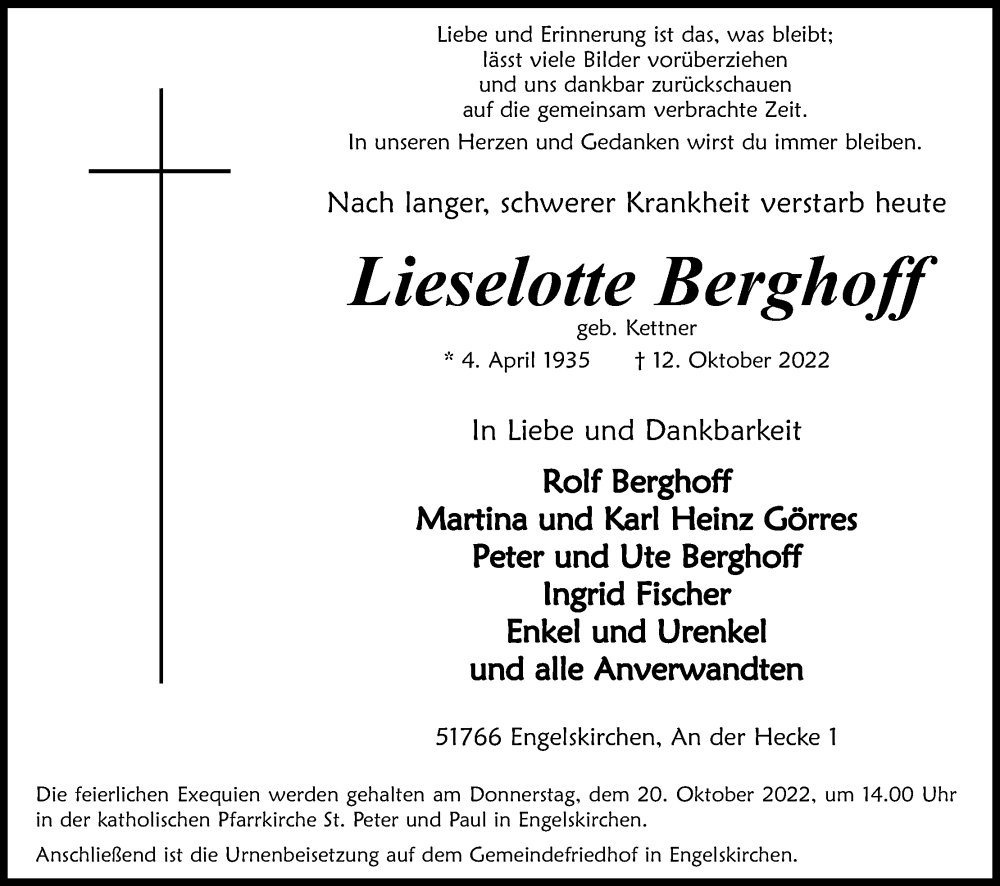 Traueranzeige für Lieselotte Berghoff vom 15.10.2022 aus Kölner Stadt-Anzeiger / Kölnische Rundschau / Express
