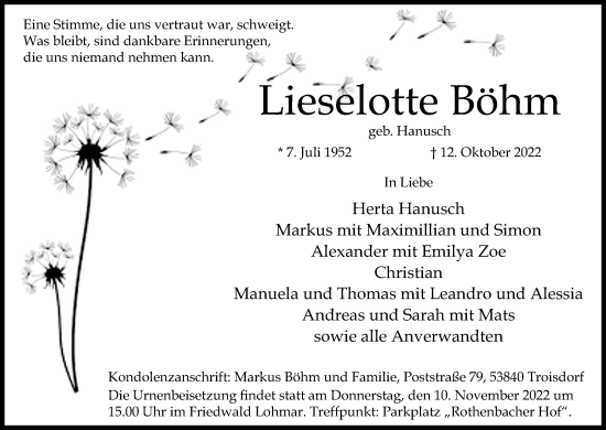 Anzeige von Lieselotte Böhm von Kölner Stadt-Anzeiger / Kölnische Rundschau / Express
