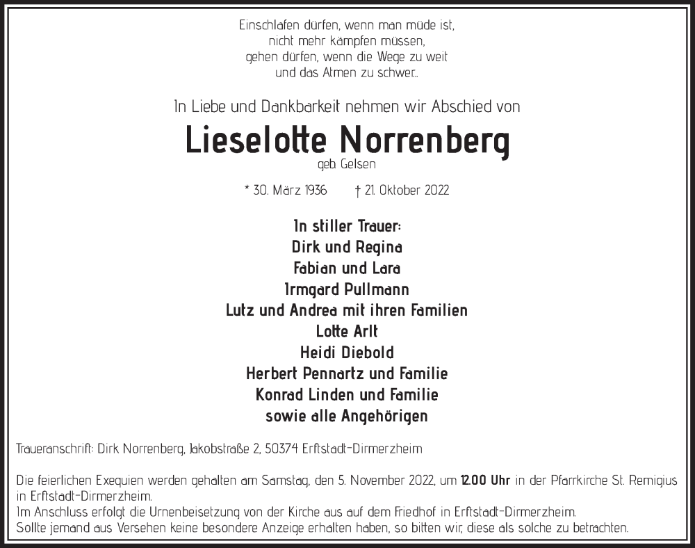  Traueranzeige für Lieselotte Norrenberg vom 28.10.2022 aus  Werbepost 