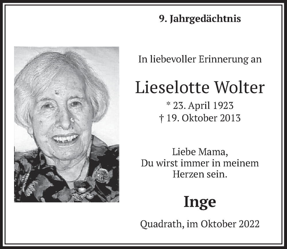  Traueranzeige für Lieselotte Wolter vom 18.07.2023 aus  Werbepost 