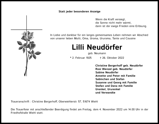Anzeige von Lilli Neudörfer von Kölner Stadt-Anzeiger / Kölnische Rundschau / Express
