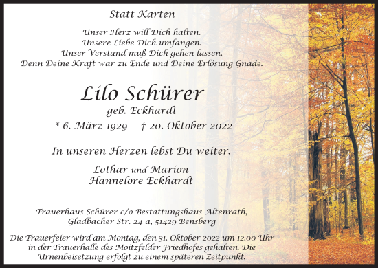 Anzeige von Lilo Schürer von Kölner Stadt-Anzeiger / Kölnische Rundschau / Express
