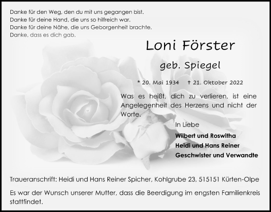 Anzeige von Loni Förster von Kölner Stadt-Anzeiger / Kölnische Rundschau / Express