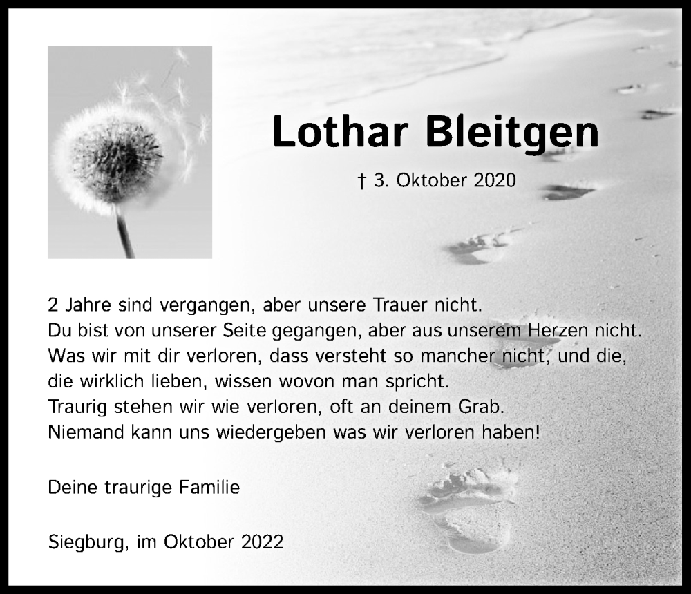  Traueranzeige für Lothar Bleitgen vom 08.10.2022 aus Kölner Stadt-Anzeiger / Kölnische Rundschau / Express