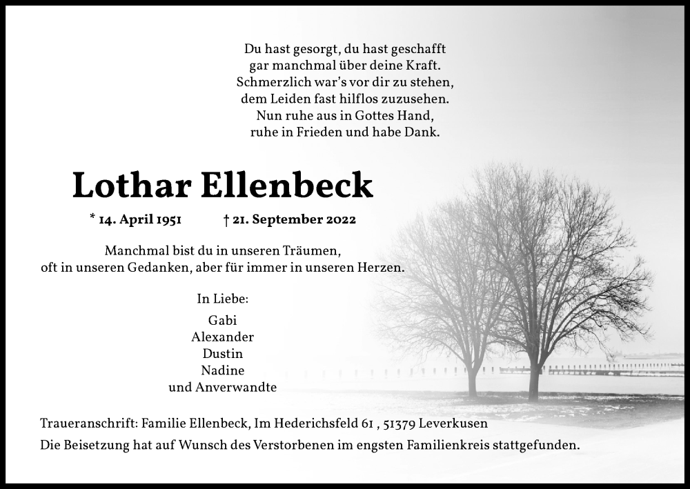  Traueranzeige für Lothar Ellenbeck vom 15.10.2022 aus Kölner Stadt-Anzeiger / Kölnische Rundschau / Express