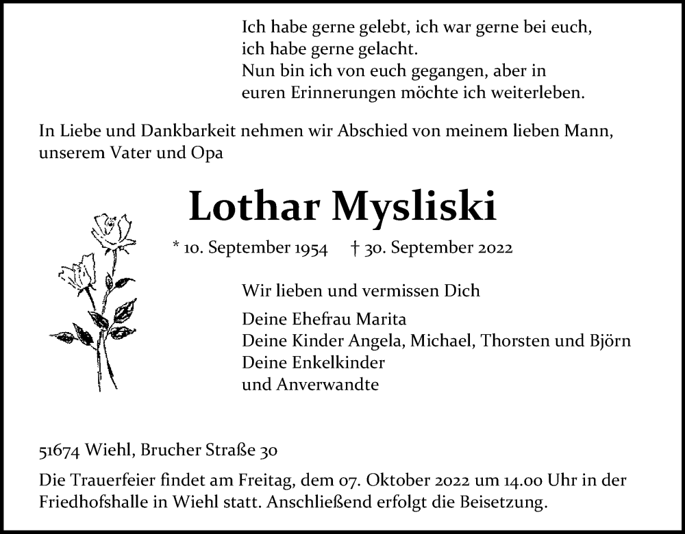  Traueranzeige für Lothar Mysliski vom 05.10.2022 aus Kölner Stadt-Anzeiger / Kölnische Rundschau / Express
