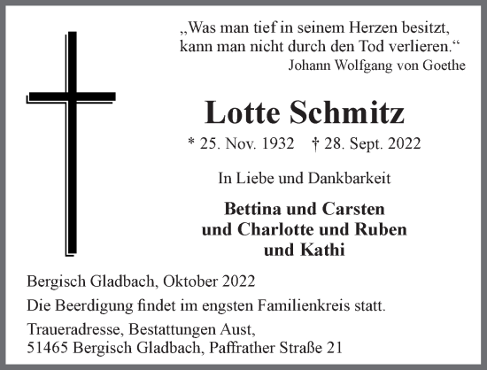Anzeige von Lotte Schmitz von  Bergisches Handelsblatt 