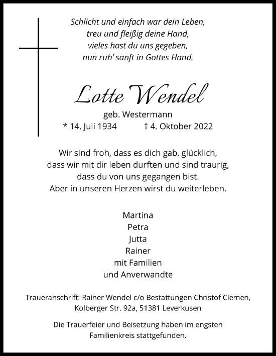 Anzeige von Lotte Wendel von Kölner Stadt-Anzeiger / Kölnische Rundschau / Express