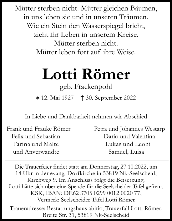 Anzeige von Lotti Römer von Kölner Stadt-Anzeiger / Kölnische Rundschau / Express