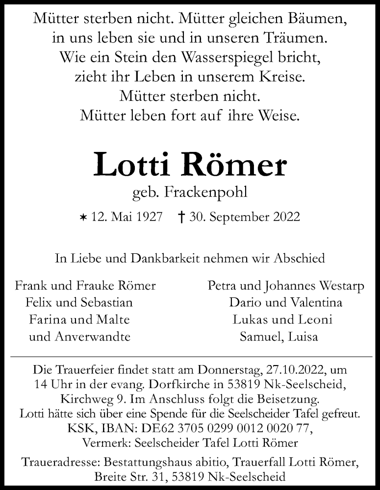  Traueranzeige für Lotti Römer vom 08.10.2022 aus Kölner Stadt-Anzeiger / Kölnische Rundschau / Express