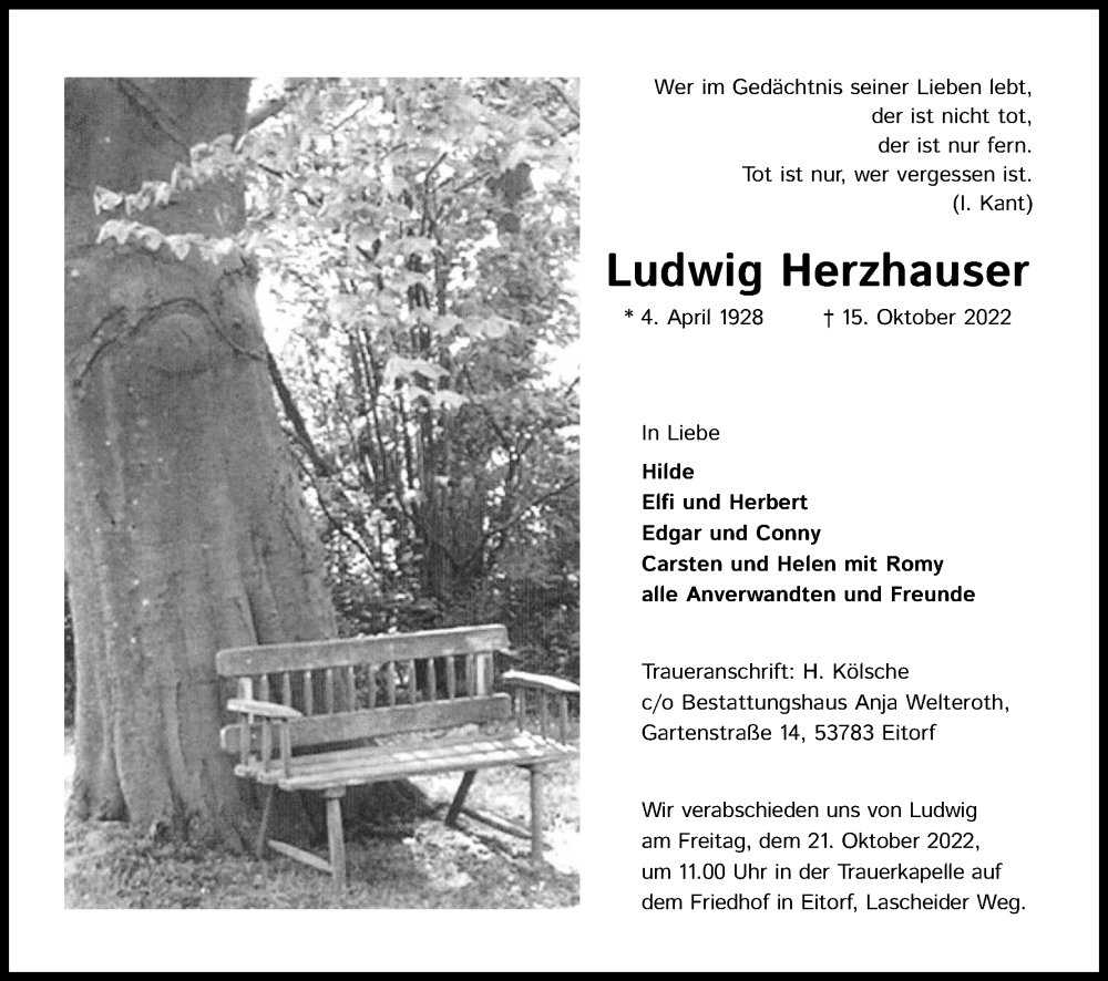  Traueranzeige für Ludwig Herzhauser vom 19.10.2022 aus Kölner Stadt-Anzeiger / Kölnische Rundschau / Express