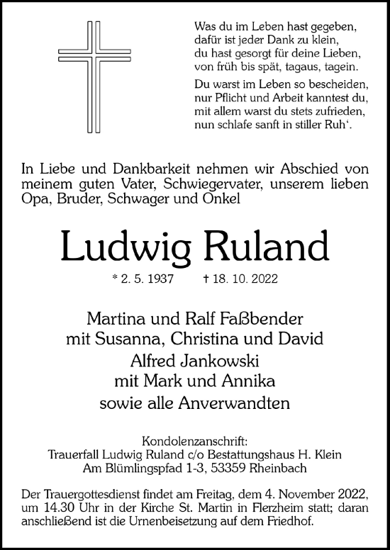 Anzeige von Ludwig Ruland von  Schaufenster/Blickpunkt 