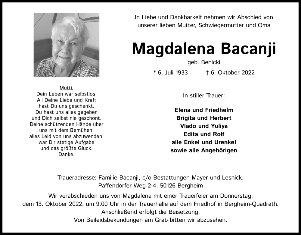  Traueranzeige für Magdalena Bacanji vom 11.10.2022 aus Kölner Stadt-Anzeiger / Kölnische Rundschau / Express