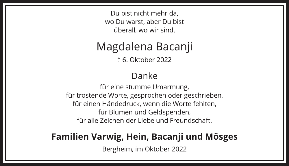  Traueranzeige für Magdalena Bacanji vom 28.10.2022 aus  Werbepost 