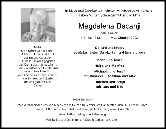 Anzeige von Magdalena Bacanji von Kölner Stadt-Anzeiger / Kölnische Rundschau / Express