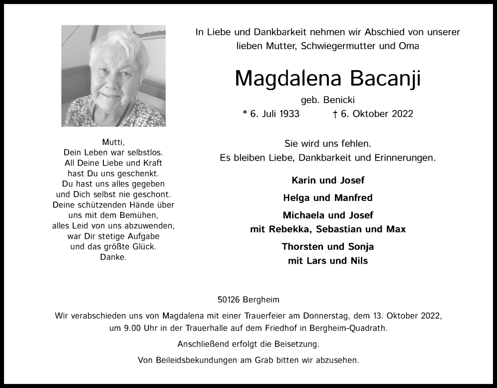  Traueranzeige für Magdalena Bacanji vom 10.10.2022 aus Kölner Stadt-Anzeiger / Kölnische Rundschau / Express