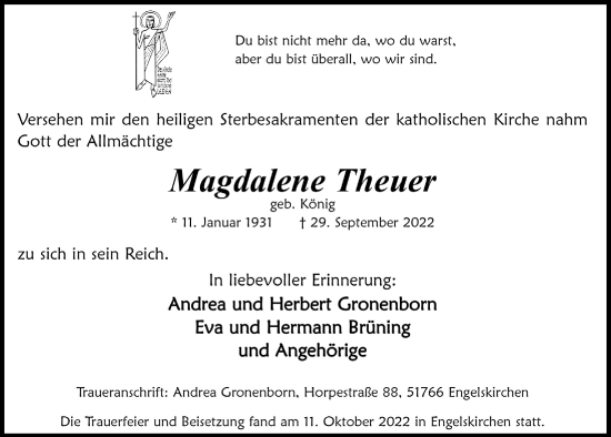 Anzeige von Magdalene Theuer von  Anzeigen Echo 