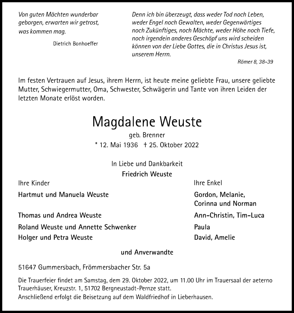  Traueranzeige für Magdalene Weuste vom 27.10.2022 aus Kölner Stadt-Anzeiger / Kölnische Rundschau / Express
