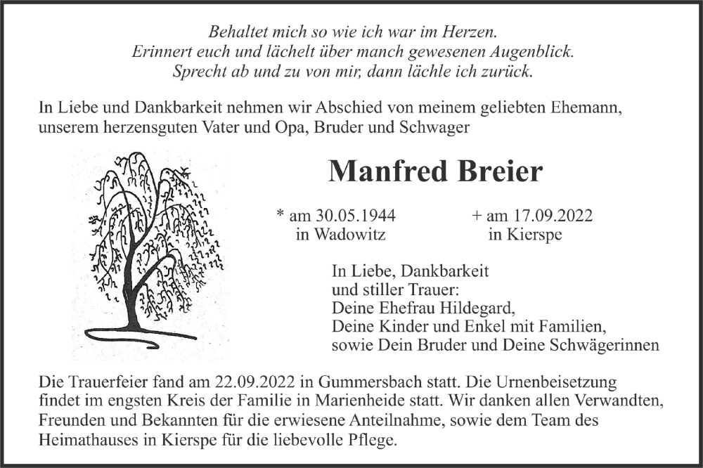  Traueranzeige für Manfred Breier vom 14.10.2022 aus  Anzeigen Echo 