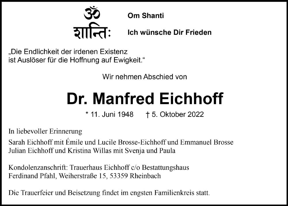  Traueranzeige für Manfred Eichhoff vom 21.10.2022 aus  Schaufenster/Blickpunkt 