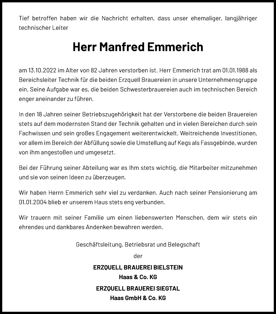  Traueranzeige für Manfred Emmerich vom 22.10.2022 aus Kölner Stadt-Anzeiger / Kölnische Rundschau / Express