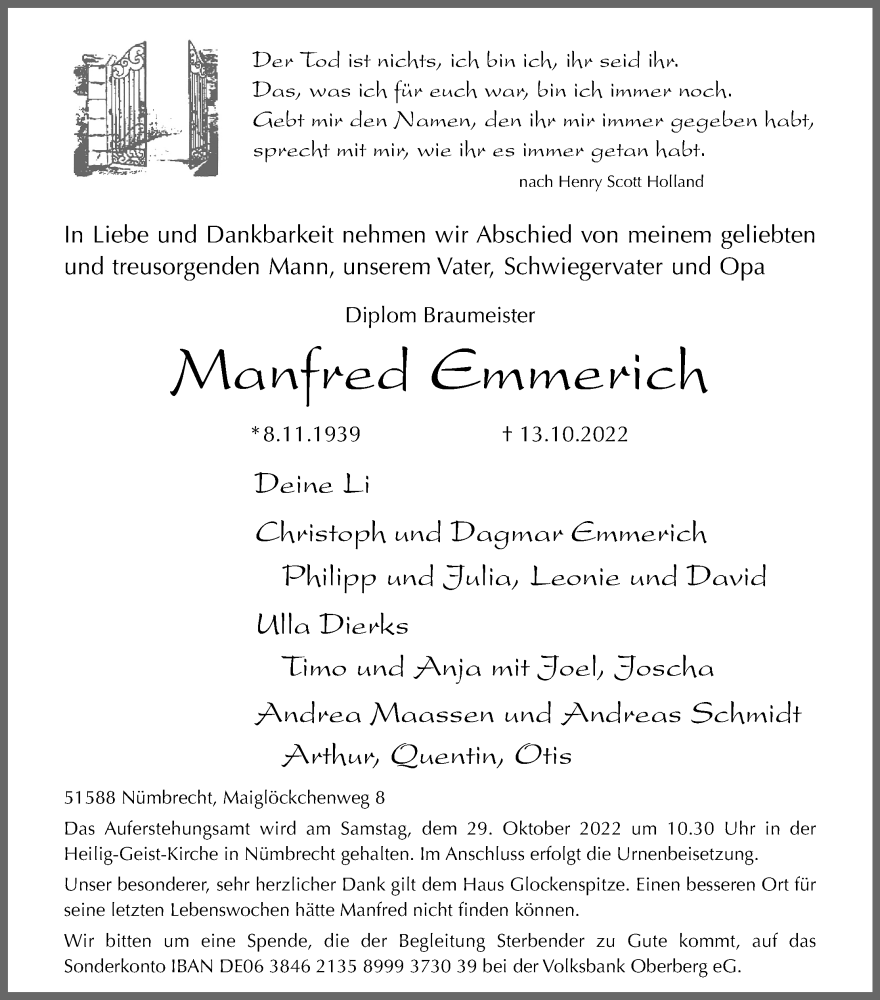  Traueranzeige für Manfred Emmerich vom 22.10.2022 aus Kölner Stadt-Anzeiger / Kölnische Rundschau / Express