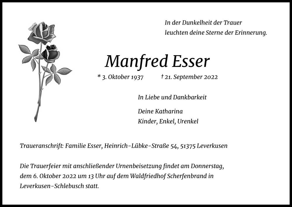  Traueranzeige für Manfred Esser vom 01.10.2022 aus Kölner Stadt-Anzeiger / Kölnische Rundschau / Express
