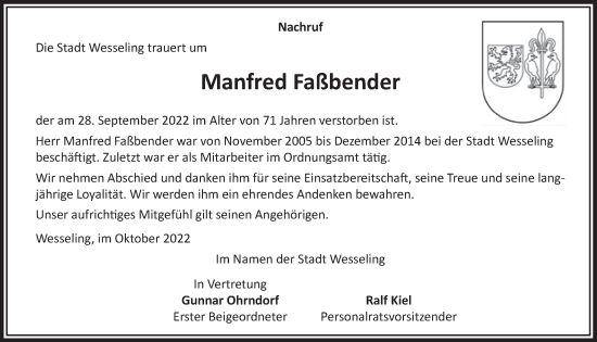 Anzeige von Manfred Faßbender von  Schlossbote/Werbekurier 