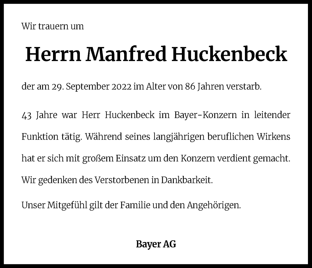  Traueranzeige für Manfred Huckenbeck vom 10.10.2022 aus Kölner Stadt-Anzeiger / Kölnische Rundschau / Express