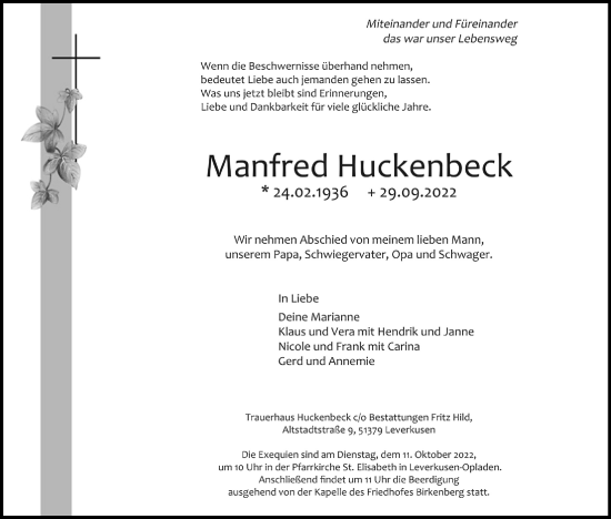 Anzeige von Manfred Huckenbeck von Kölner Stadt-Anzeiger / Kölnische Rundschau / Express