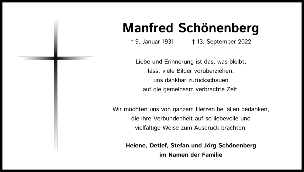  Traueranzeige für Manfred Schönenberg vom 15.10.2022 aus Kölner Stadt-Anzeiger / Kölnische Rundschau / Express