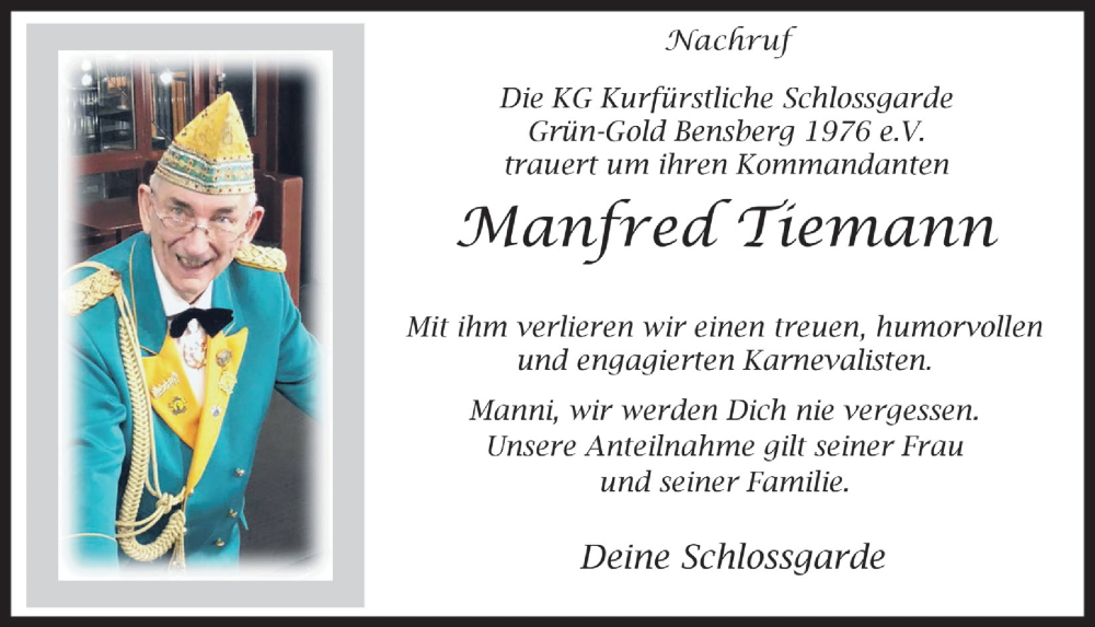  Traueranzeige für Manfred Tiemann vom 07.10.2022 aus  Bergisches Handelsblatt 