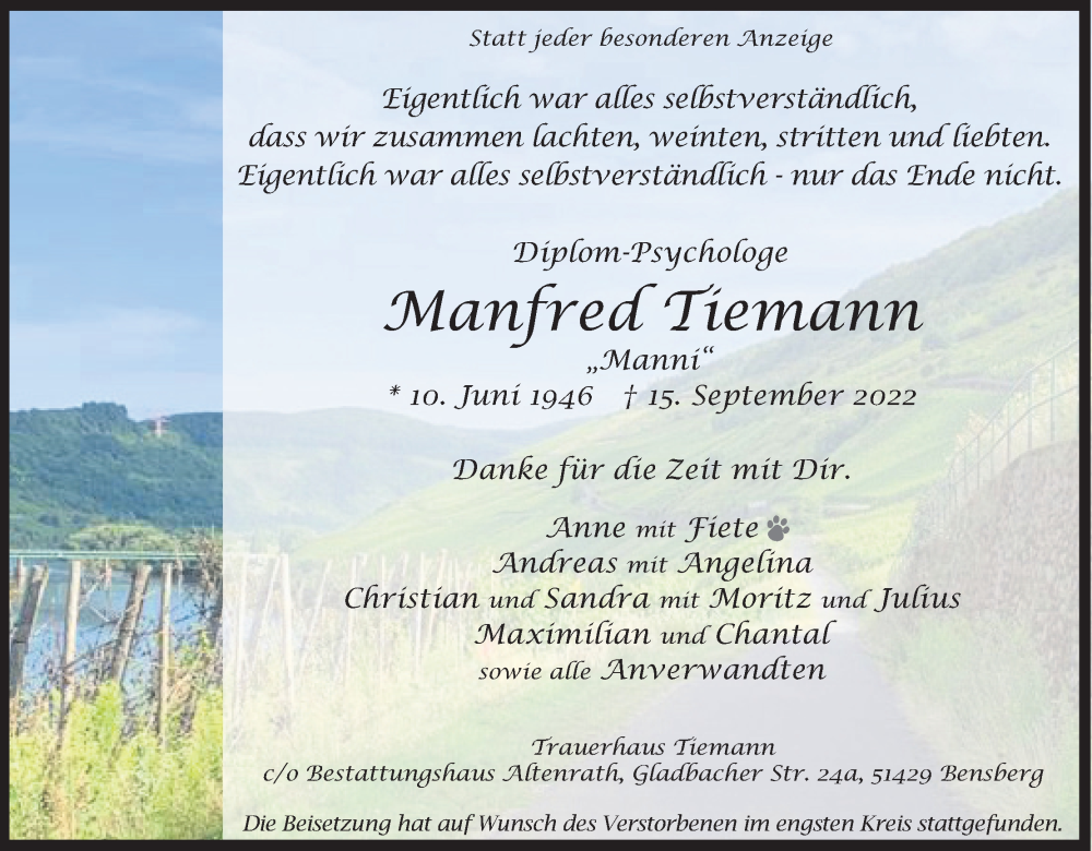  Traueranzeige für Manfred Tiemann vom 01.10.2022 aus Kölner Stadt-Anzeiger / Kölnische Rundschau / Express