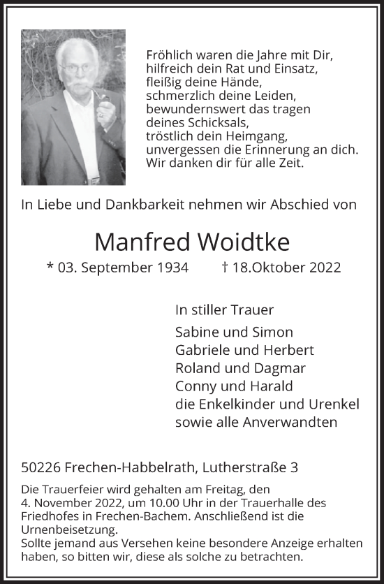 Anzeige von Manfred Woidtke von  Wochenende 